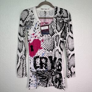 Christian Audigier Y2K Shirt Womens Small Crystal Rock Snake Locket Tunic Top